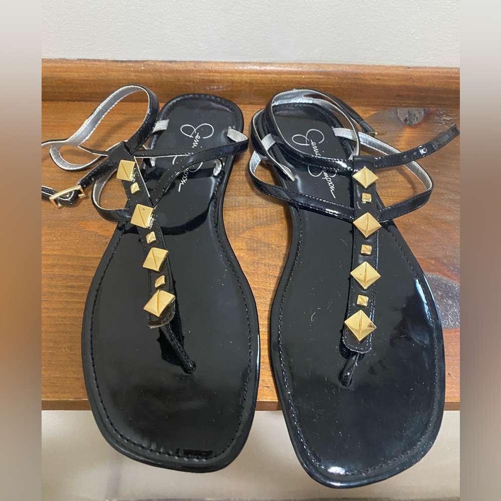 Jessica Simpson Black Flat Sandals with Gold Studs